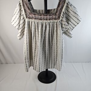 Moon River Cream Striped Embroidered Square-Neck Peasant Top
